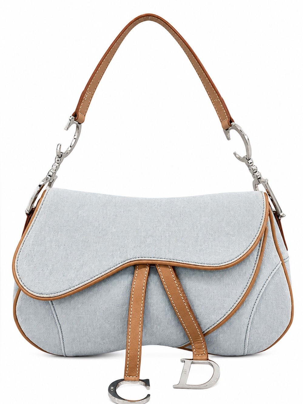 Auth DIOR Light Blue fabric double Saddle Bag Tan leather Trim vintage Silver